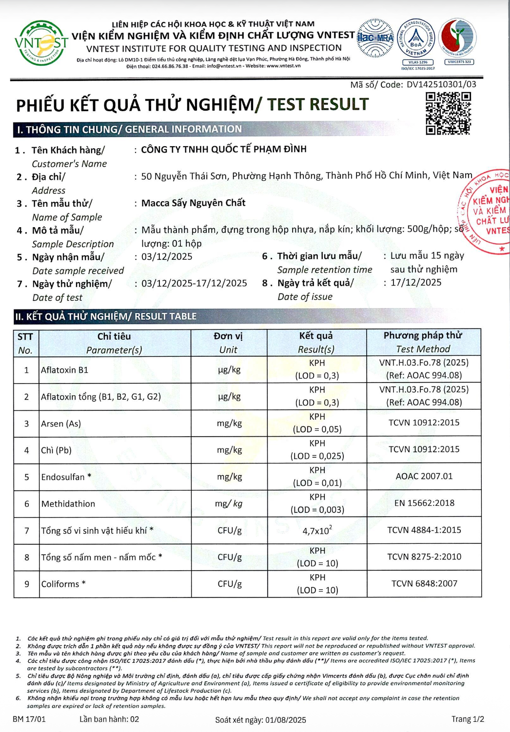 Dried Macadamia Test Result