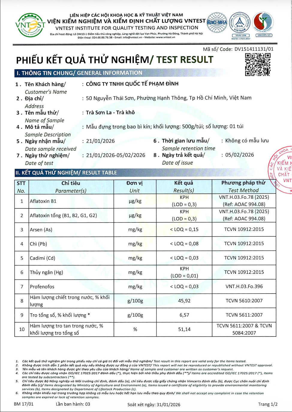 Dried Tea Test Result